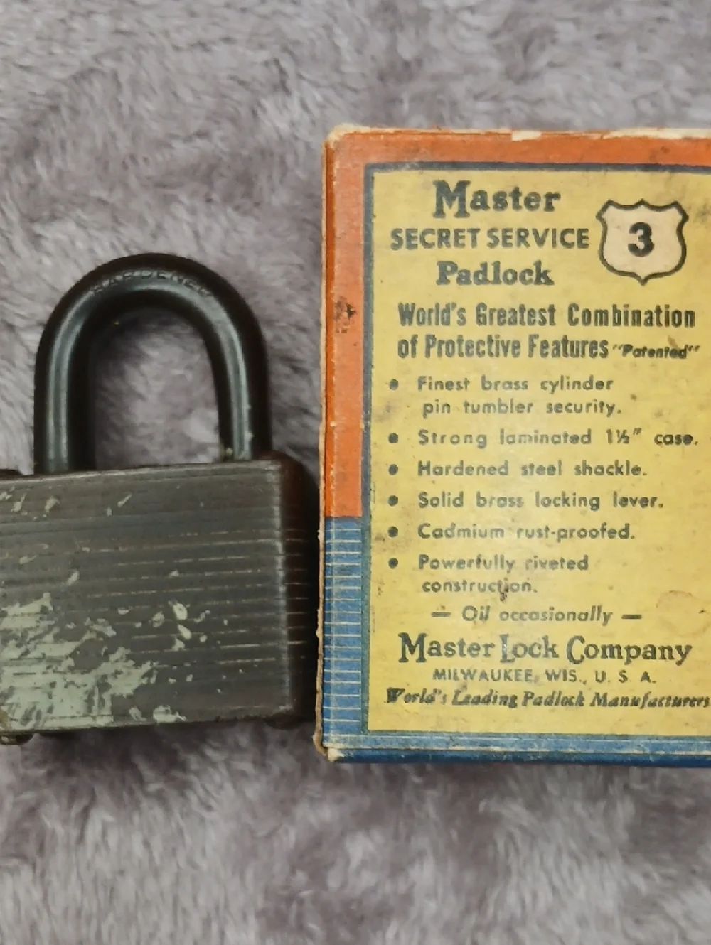 Vintage Master Secret Service Padlock 3 Laminated Steel Lock & Box - No Key